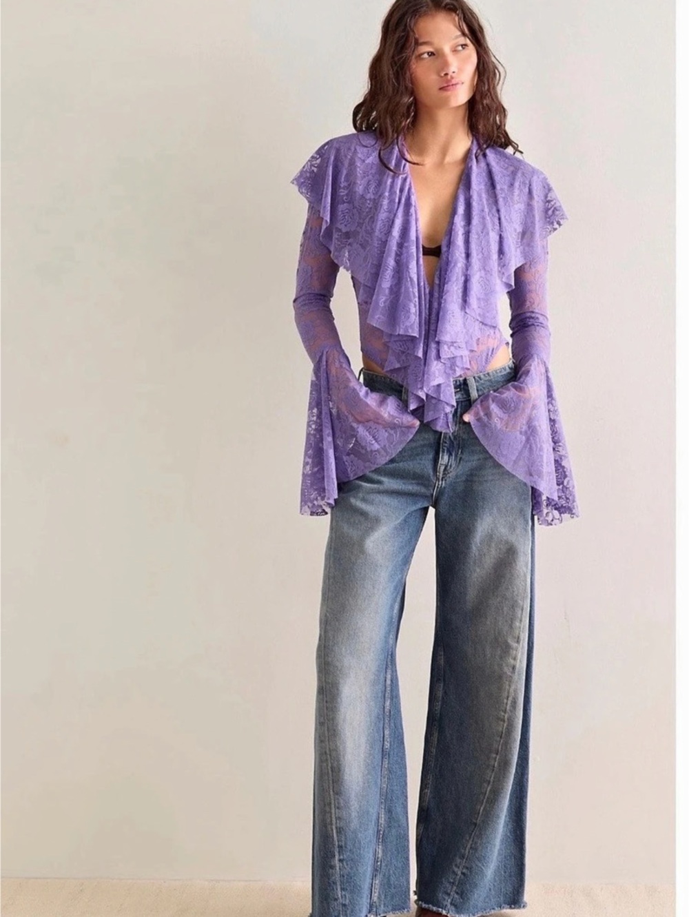 Free People Norma Kamali Deep V Ruffle Bodysuit NWT Lavender